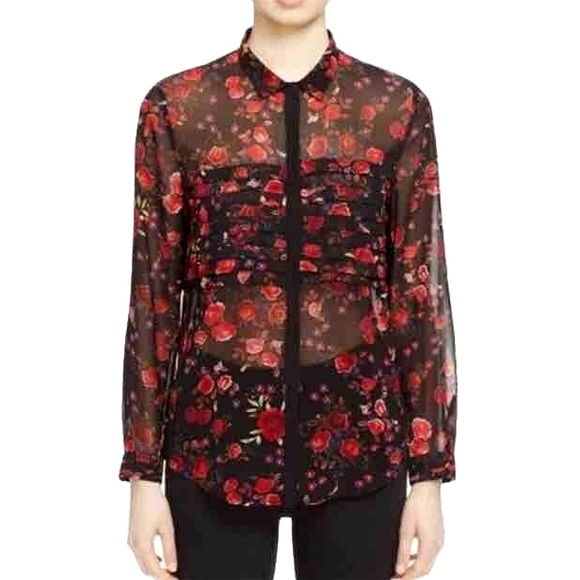The Kooples Romantic Roses‎ Muslin Ruffle Blouse Women's S Whimsigoth Office - Picture 1 of 12